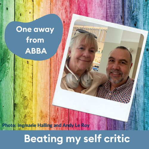 A picture of Andy next to ABBA The Museum curator Ingmarie Halling with the headings "One away from ABBA" and "Beating my self critic"